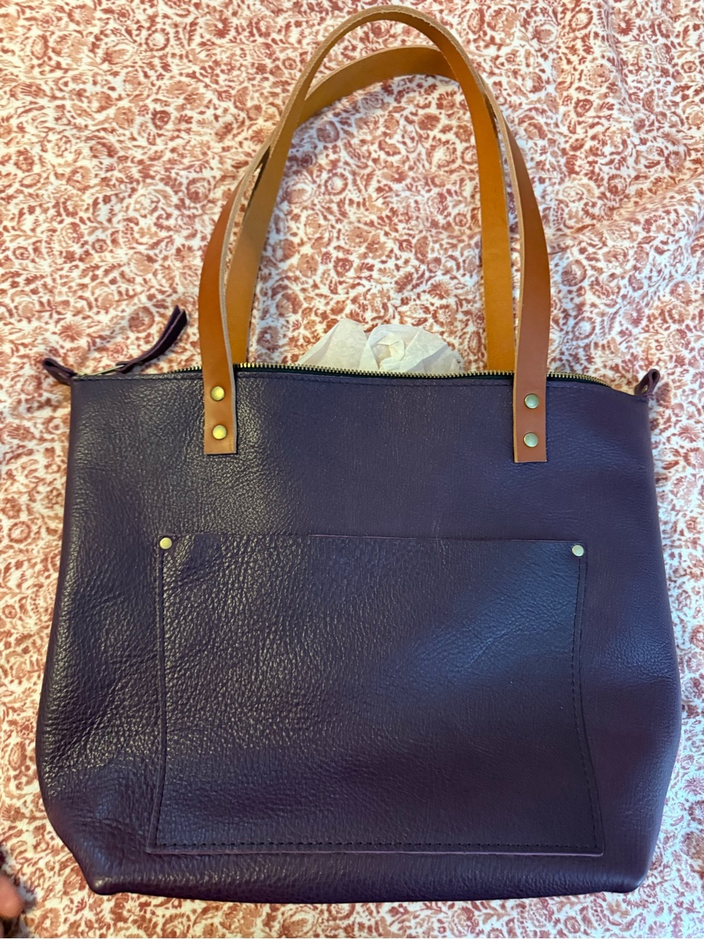 Portland Leather Plum Medium Zipper Tote with Tandles